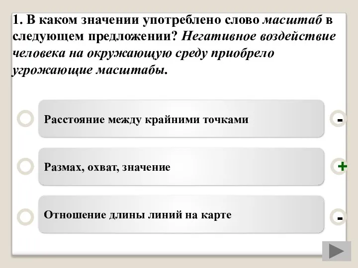 1. В каком значении употреблено слово масштаб в следующем предложении? Негативное