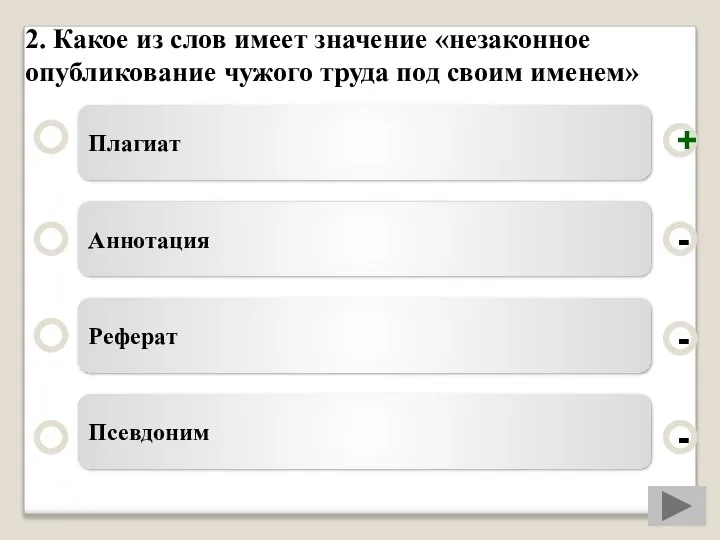 2. Какое из слов имеет значение «незаконное опубликование чужого труда под