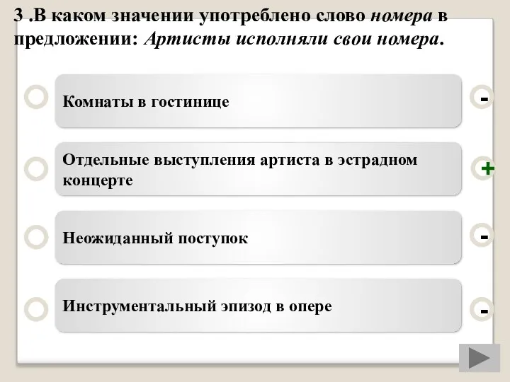 3 .В каком значении употреблено слово номера в предложении: Артисты исполняли