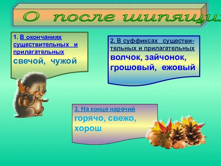 О после шипящих 1. В окончаниях существительных и прилагательных свечой, чужой