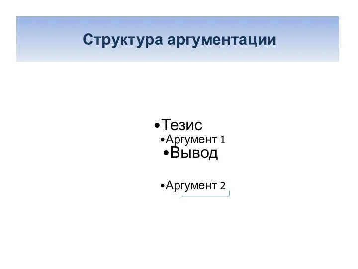 Структура аргументации Тезис Аргумент 1 Вывод Аргумент 2 Структура аргументации