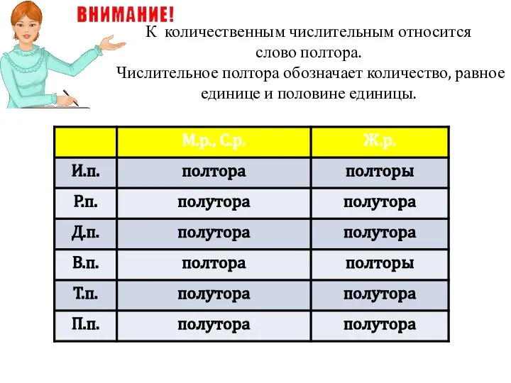 К количественным числительным относится слово полтора. Числительное полтора обозначает количество, равное единице и половине единицы.