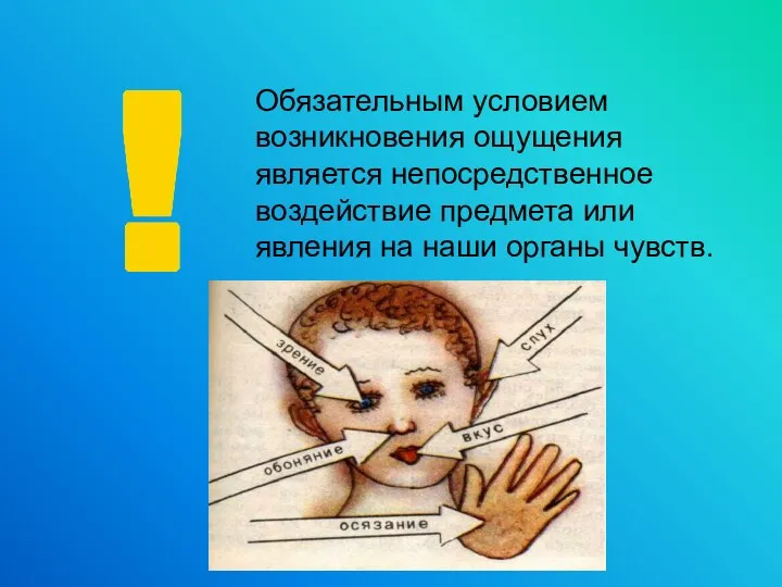 Обязательным условием возникновения ощущения является непосредственное воздействие предмета или явления на наши органы чувств.