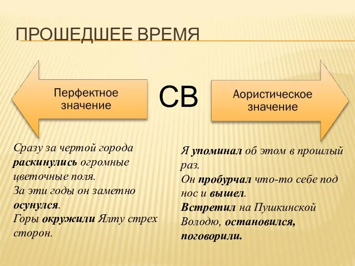 ПРОШЕДШЕЕ ВРЕМЯ СВ Сразу за чертой города раскинулись огромные цветочные поля.