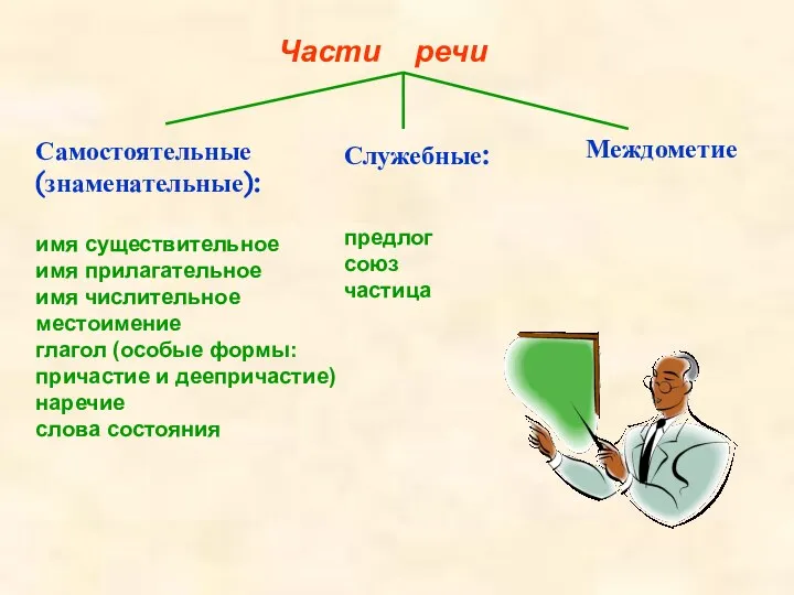 Части речи Самостоятельные (знаменательные): имя существительное имя прилагательное имя числительное местоимение