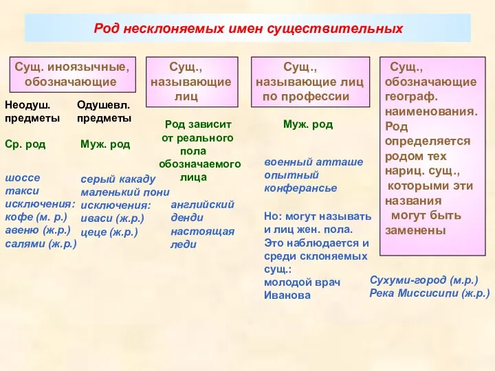 Род несклоняемых имен существительных Сущ. иноязычные, обозначающие шоссе такси исключения: кофе