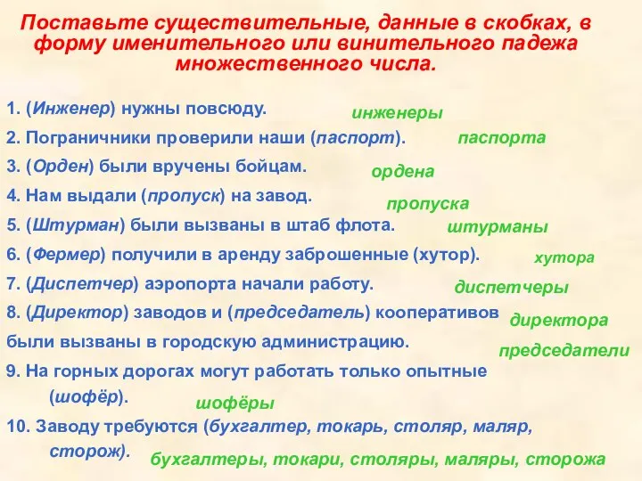 Поставьте существительные, данные в скобках, в форму именительного или винительного падежа