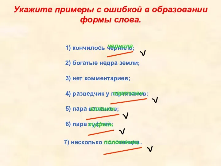 Укажите примеры с ошибкой в образовании формы слова. 1) кончилось чернило;