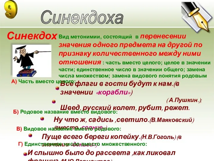 Синекдоха - Синекдоха Вид метонимии, состоящий в перенесении значения одного предмета