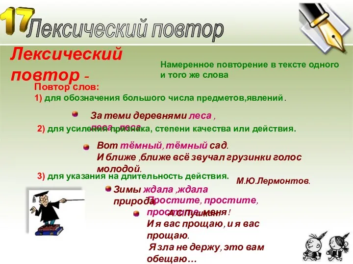 Лексический повтор - Лексический повтор Намеренное повторение в тексте одного и