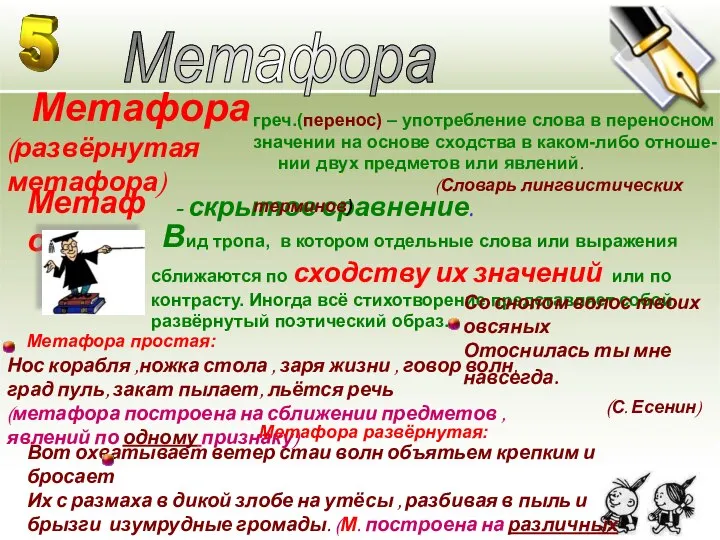 Метафора Метафора (развёрнутая метафора) - скрытое сравнение. Вид тропа, в котором