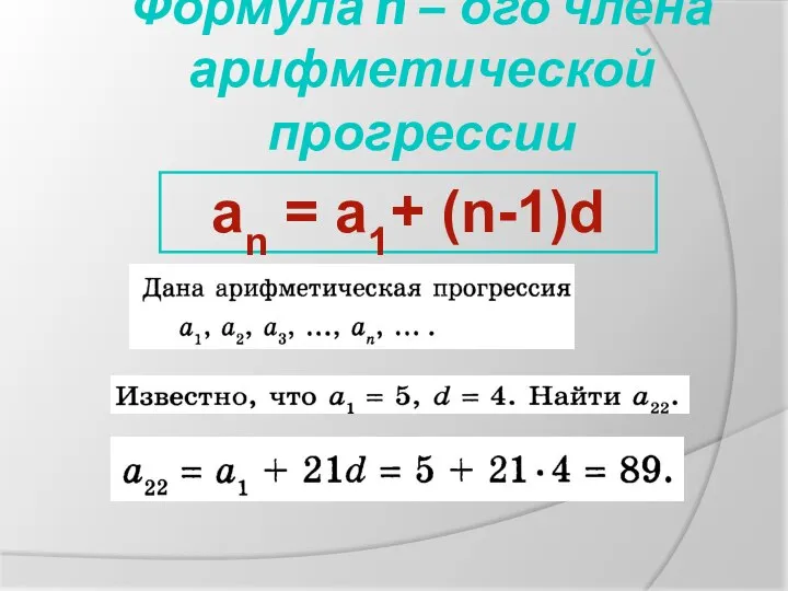 Формула n – ого члена арифметической прогрессии an = a1+ (n-1)d