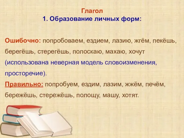 Глагол 1. Образование личных форм: Ошибочно: попробоваем, ездием, лазию, жгём, пекёшь,