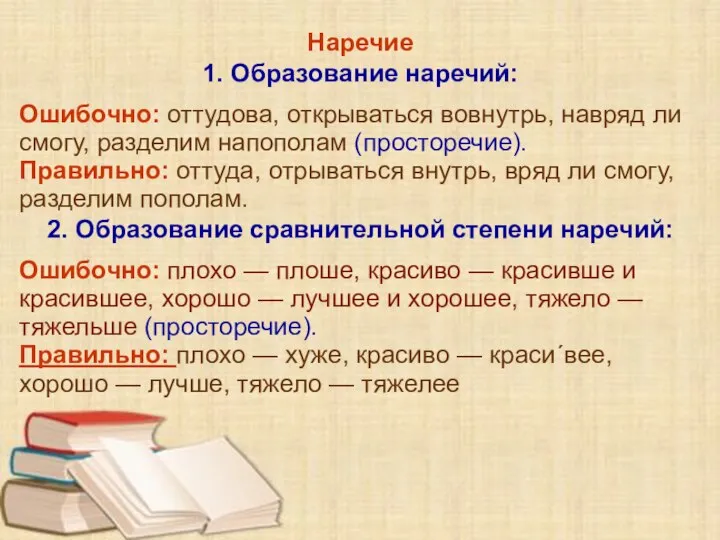 Наречие 1. Образование наречий: Ошибочно: оттудова, открываться вовнутрь, навряд ли смогу,