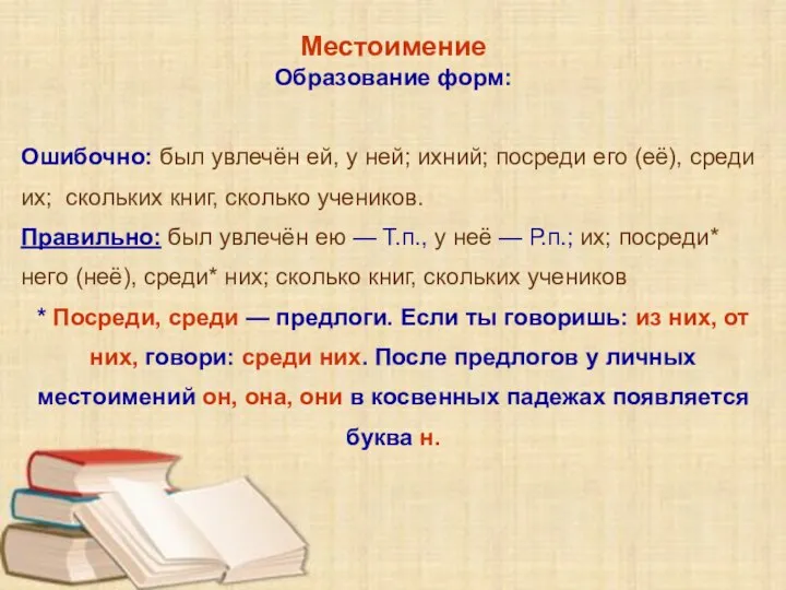 Местоимение Образование форм: Ошибочно: был увлечён ей, у ней; ихний; посреди