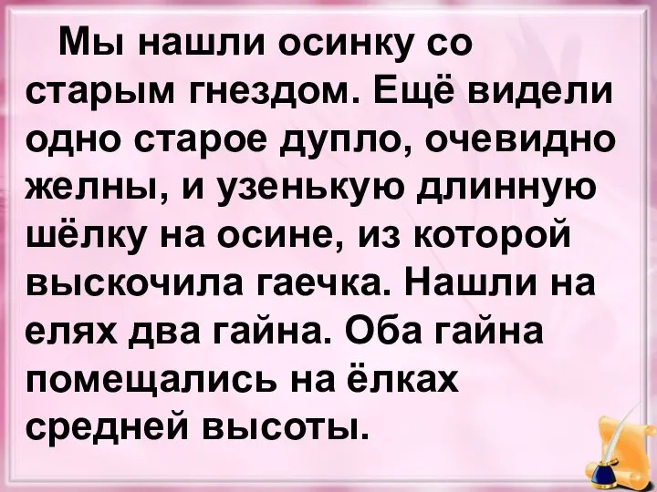 Мы нашли осинку со старым гнездом. Ещё видели одно старое дупло,