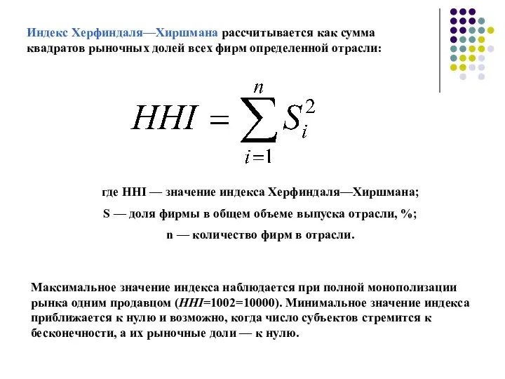 Индекс Херфиндаля—Хиршмана рассчитывается как сумма квадратов рыночных долей всех фирм определенной