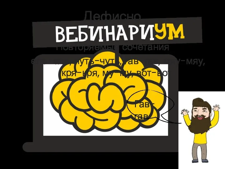 Дефисно Повторяемые сочетания еле-еле, чуть-чуть, гав-гав, мяу-мяу, кря-кря, му-му, вот-вот Гав-гав