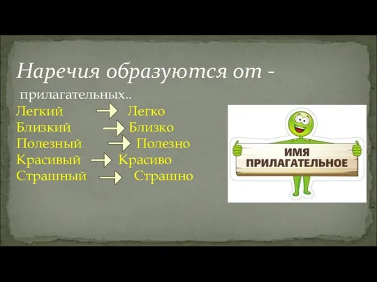 Наречия образуются от - прилагательных.. Легкий Легко Близкий Близко Полезный Полезно Красивый Красиво Страшный Страшно