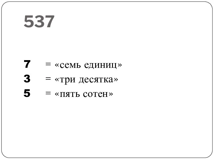 537 7 = «семь единиц» 3 = «три десятка» 5 = «пять сотен»