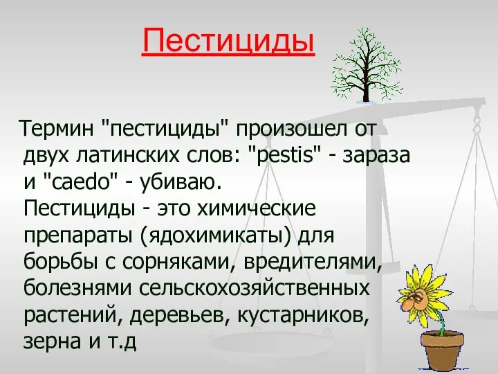 Пестициды Термин "пестициды" произошел от двух латинских слов: "pestis" - зараза