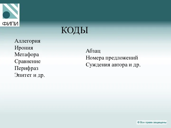 КОДЫ Аллегория Ирония Метафора Сравнение Перифраз Эпитет и др. Абзац Номера предложений Суждения автора и др.