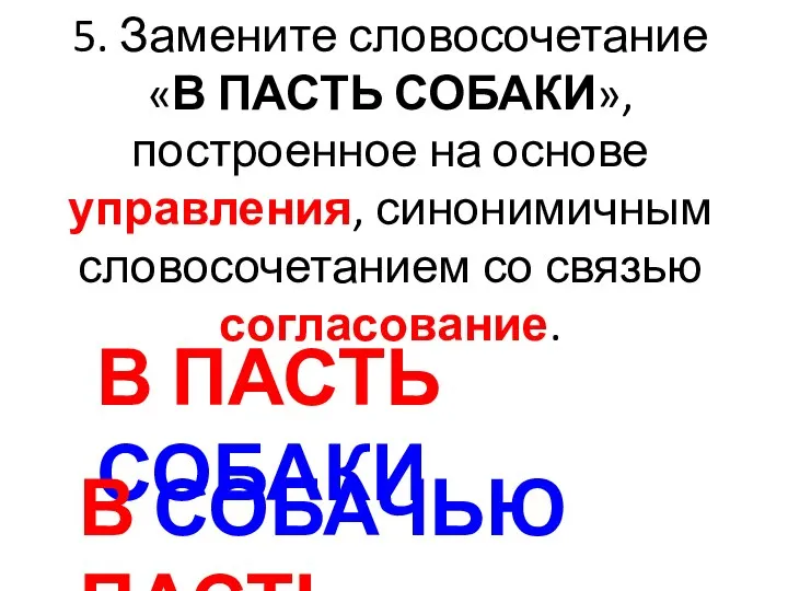 5. Замените словосочетание «В ПАСТЬ СОБАКИ», построенное на основе управления, синонимичным