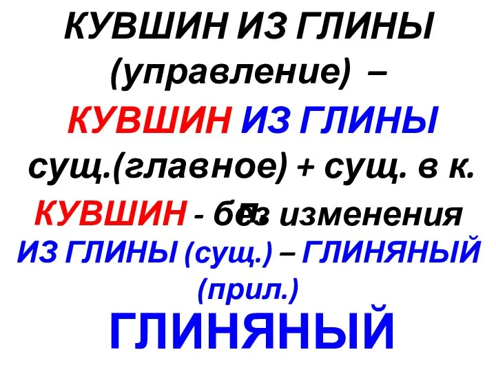 КУВШИН ИЗ ГЛИНЫ (управление) – КУВШИН ИЗ ГЛИНЫ сущ.(главное) + сущ.