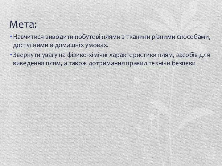 Мета: Навчитися виводити побутові плями з тканини різними способами, доступними в