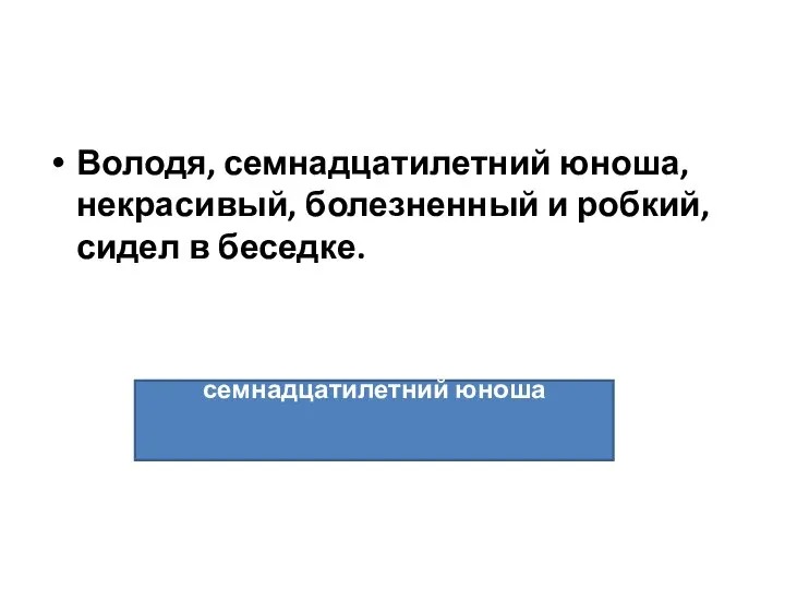 Володя, семнадцатилетний юноша, некрасивый, болезненный и робкий, сидел в беседке. семнадцатилетний юноша