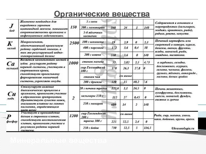 Органические вещества Минеральные вещества