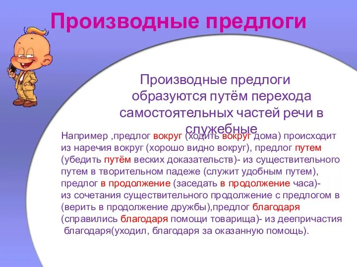 Производные предлоги Производные предлоги образуются путём перехода самостоятельных частей речи в