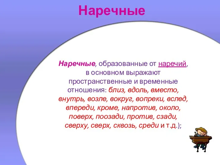 Наречные Наречные, образованные от наречий, в основном выражают пространственные и временные