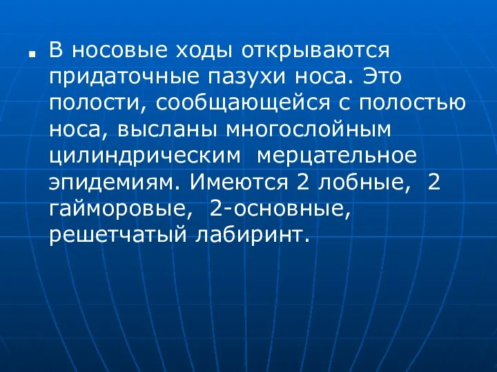 В носовые ходы открываются придаточные пазухи носа. Это полости, сообщающейся с