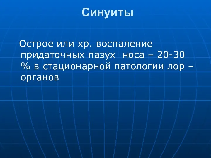 Синуиты Острое или хр. воспаление придаточных пазух носа – 20-30 %