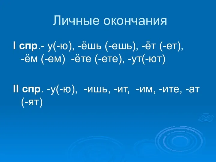 Личные окончания I спр.- у(-ю), -ёшь (-ешь), -ёт (-ет), -ём (-ем)