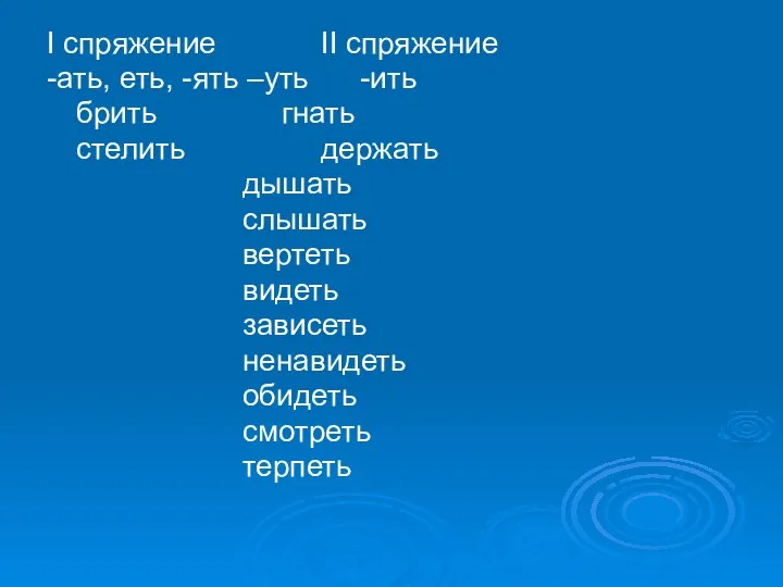 I спряжение II спряжение -ать, еть, -ять –уть -ить брить гнать