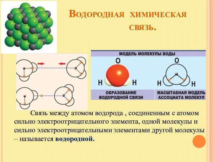 Водородная химическая связь. Связь между атомом водорода , соединенным с атомом