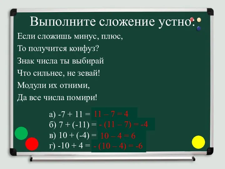 Выполните сложение устно: Если сложишь минус, плюс, То получится конфуз? Знак