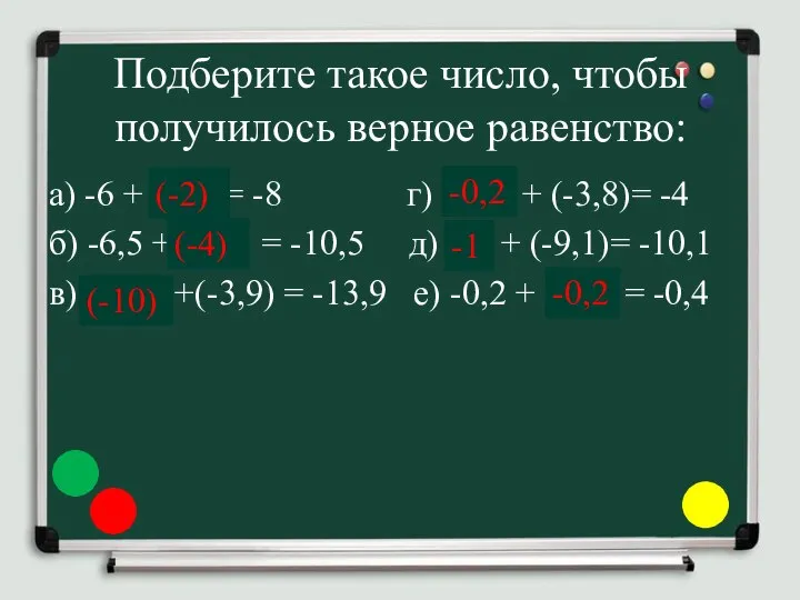 Подберите такое число, чтобы получилось верное равенство: а) -6 + ……=