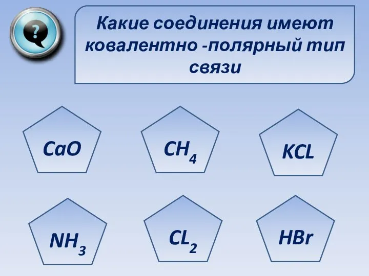 Какие соединения имеют ковалентно -полярный тип связи CaO NH3 CL2 HBr KCL CH4