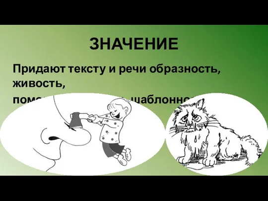 ЗНАЧЕНИЕ Придают тексту и речи образность, живость, помогают избежать шаблонности.