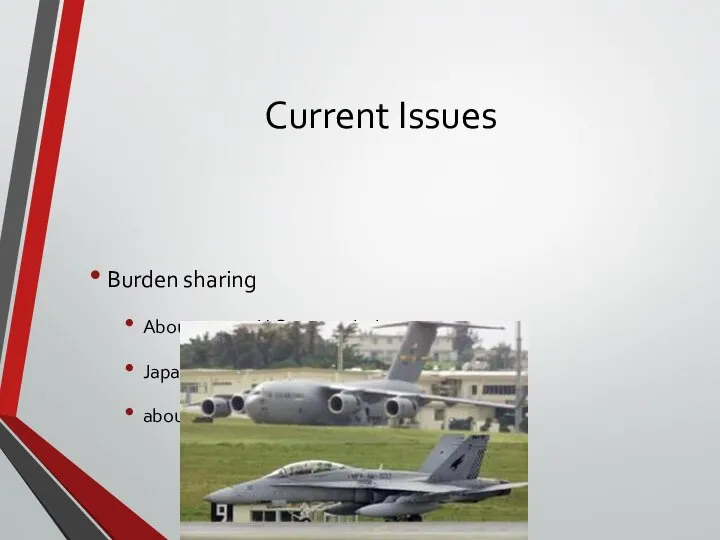 Current Issues Burden sharing About 50,000 U.S. troops in Japan Japan