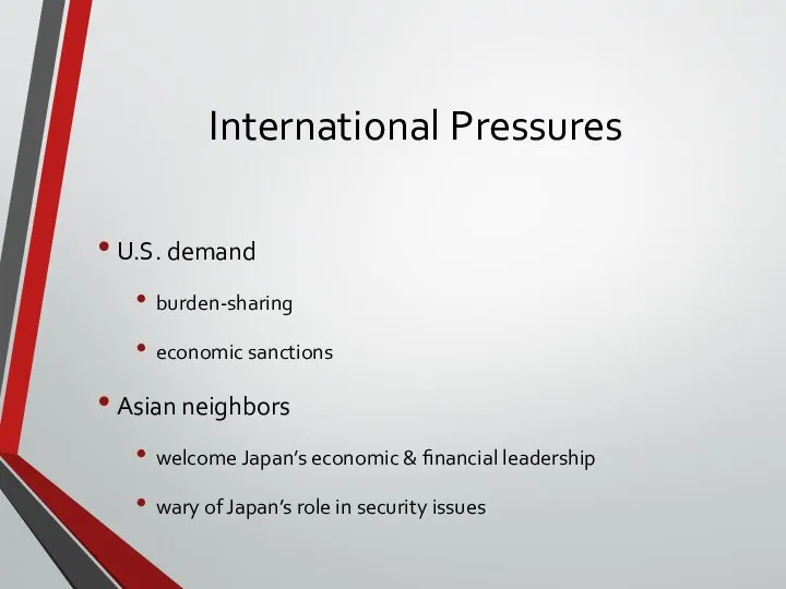 International Pressures U.S. demand burden-sharing economic sanctions Asian neighbors welcome Japan’s