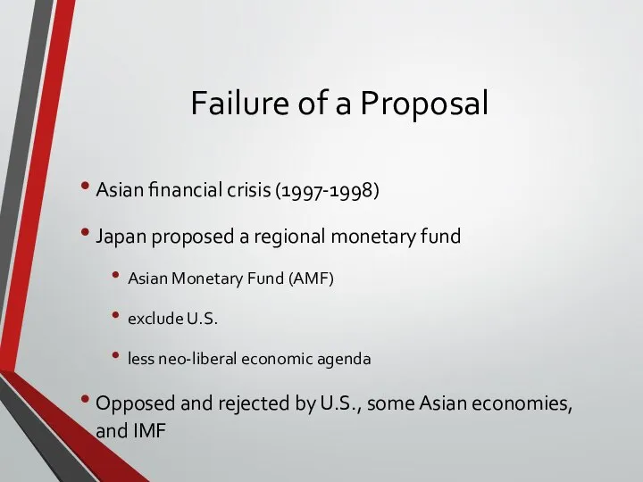Failure of a Proposal Asian financial crisis (1997-1998) Japan proposed a
