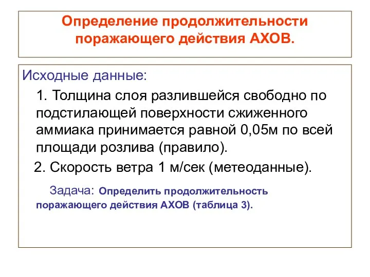 Определение продолжительности поражающего действия АХОВ. Исходные данные: 1. Толщина слоя разлившейся