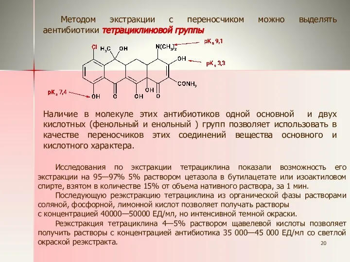 Методом экстракции с переносчиком можно выделять аентибиотики тетрациклиновой группы Наличие в