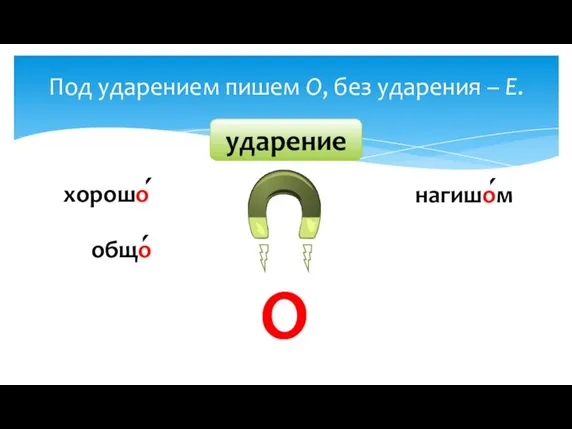 О ударение Под ударением пишем О, без ударения – Е. хорошо общо нагишом