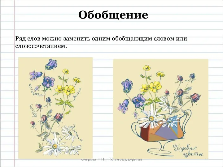 Очирова Т. Н. ,Г. Улан-Удэ, Бурятия Обобщение Ряд слов можно заменить одним обобщающим словом или словосочетанием.