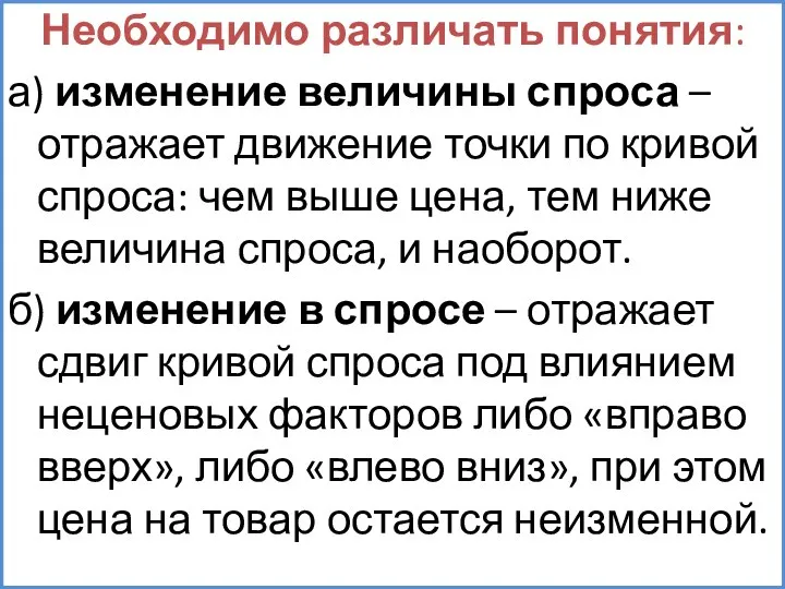 Необходимо различать понятия: а) изменение величины спроса – отражает движение точки